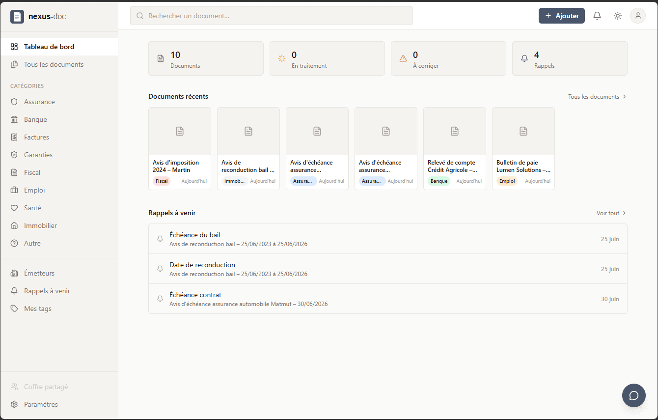 Tableau de bord nexusdoc : 10 documents classés, rappels à venir et documents récents (factures EDF, Orange, relevé Crédit Agricole).